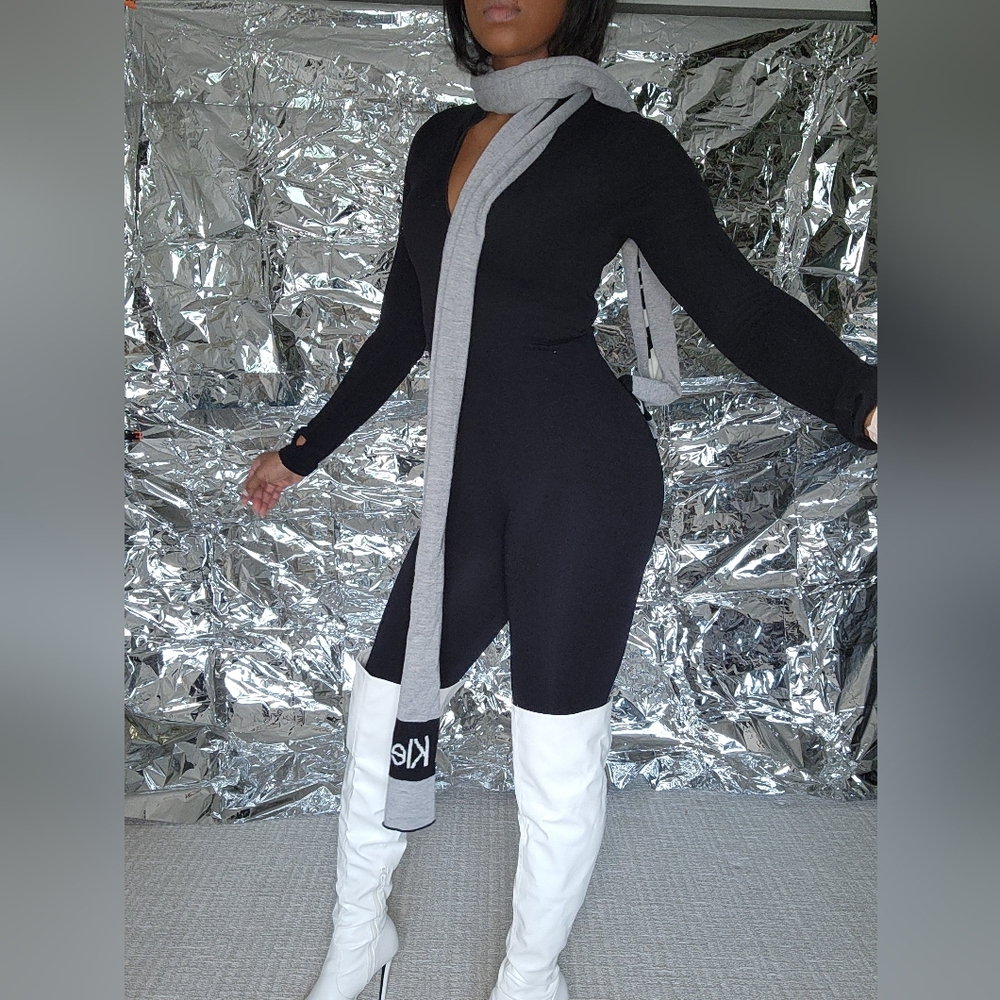 Calvin Klein Striped Knit Scarf — Black, Gray & White - Picture 10 of 10